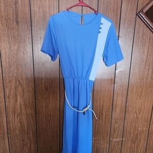 Vintage Blue Midi Dress with Belted Waist